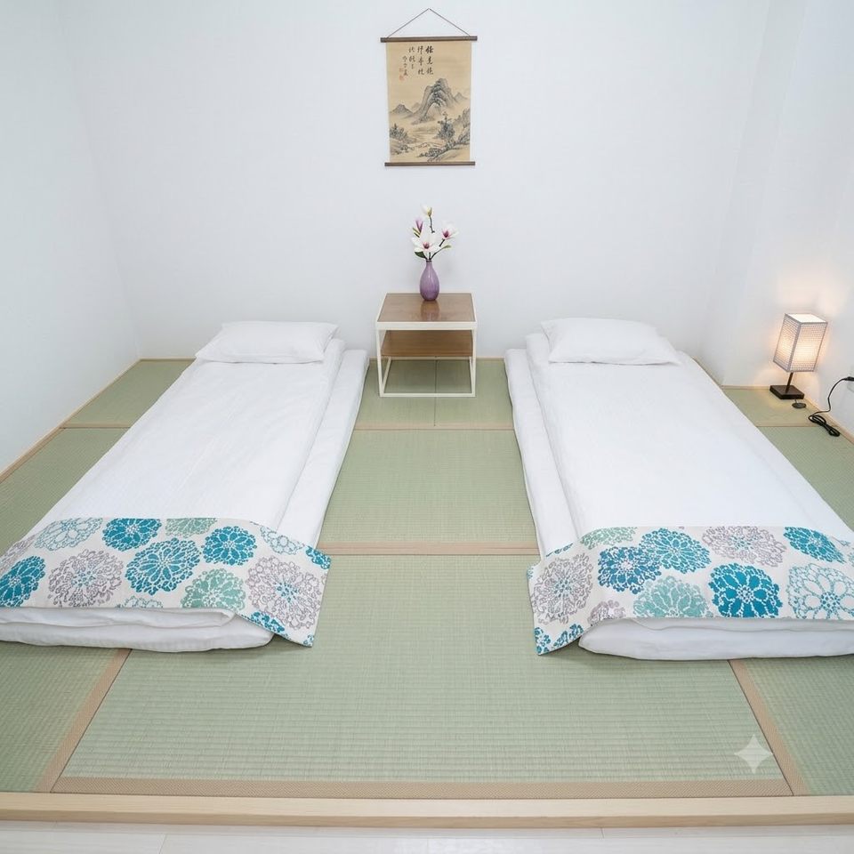 Two Japanese futons with white bedding on tatami mats in a minimalist room.
